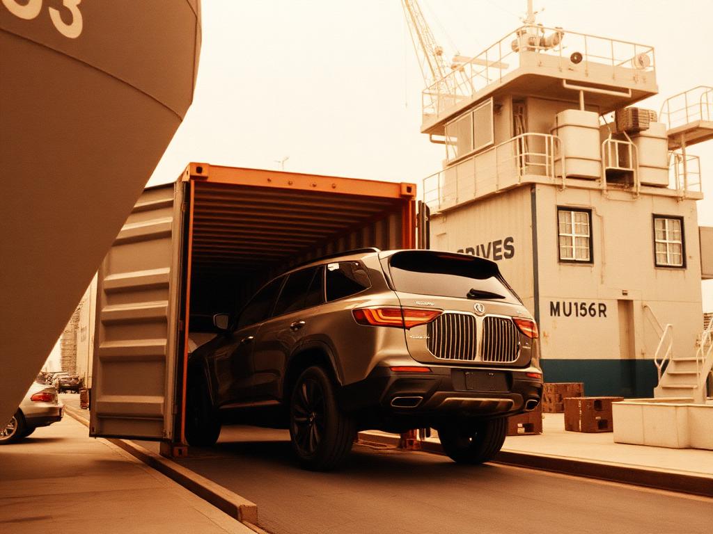 Sepia-toned luxury car being loaded into a shipping container at port